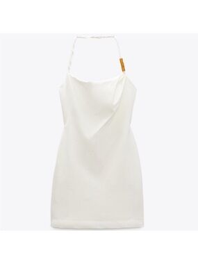 Zara White Halter Mini Dress with Twist Strap Detail